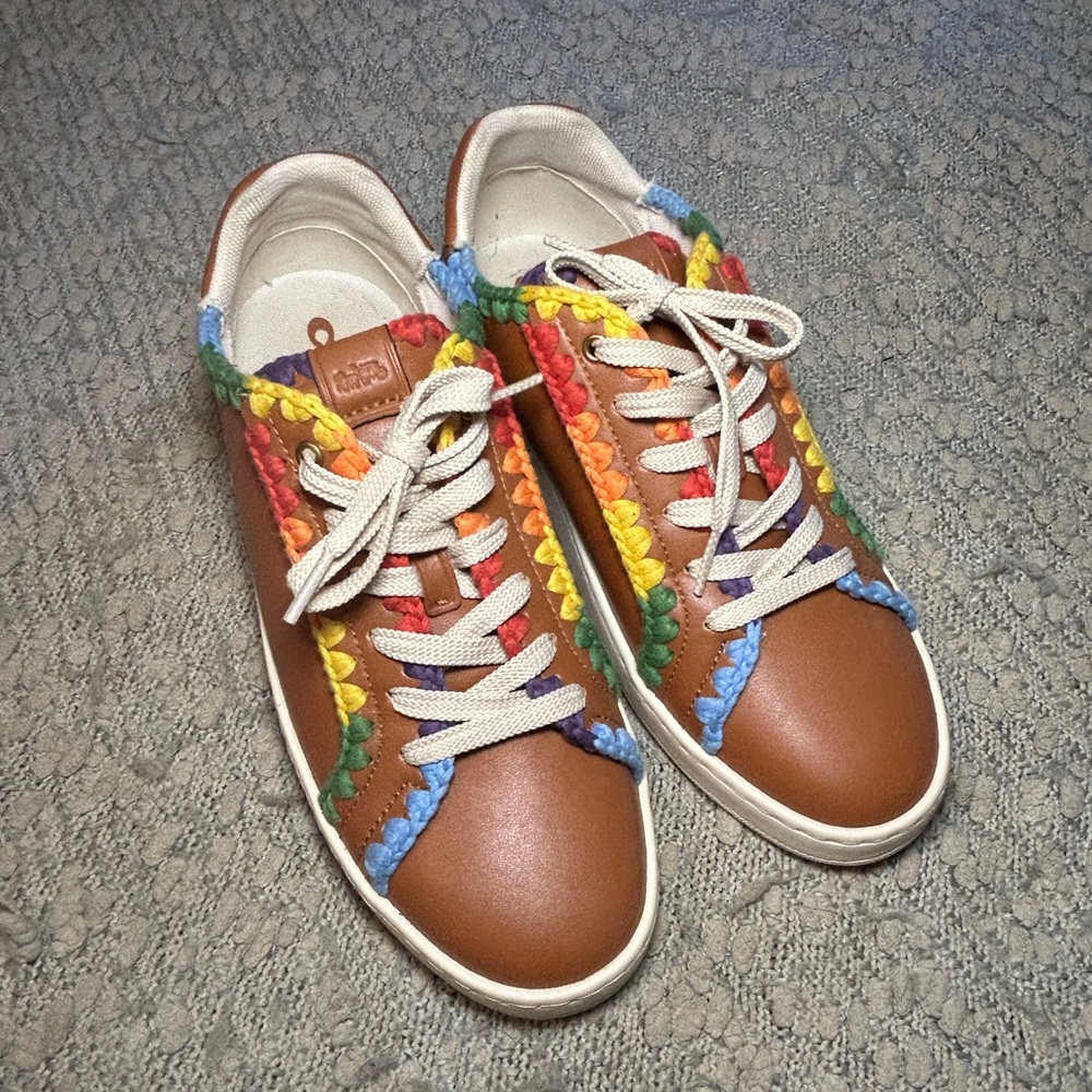 Coach women’s lowline brown leather sneakers with colorful rainbow accents